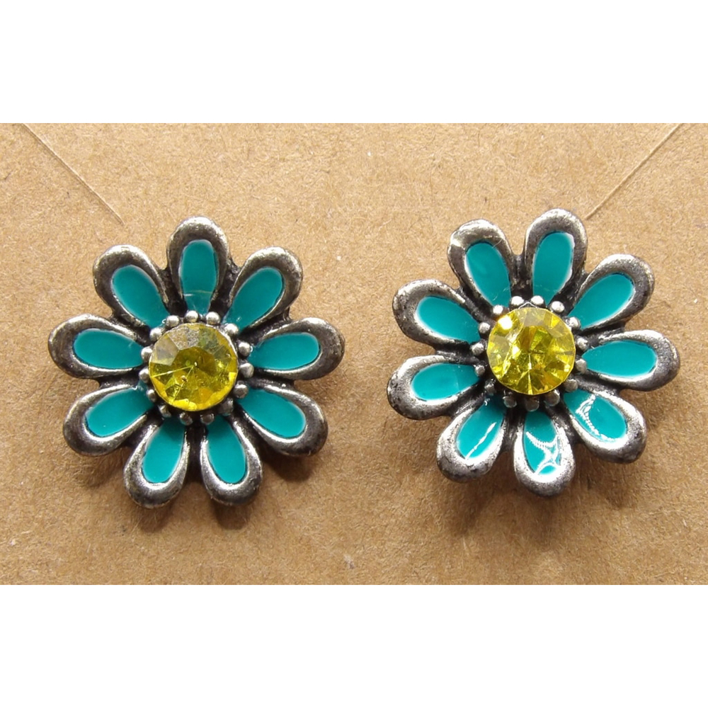 Womens Flower Earrings Teal Yellow